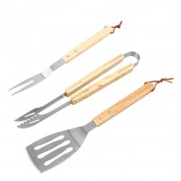 3 Piece Wood Handle Stainless Steel BBQ Grill Set  Grilling Accessories  Barbecue Tools